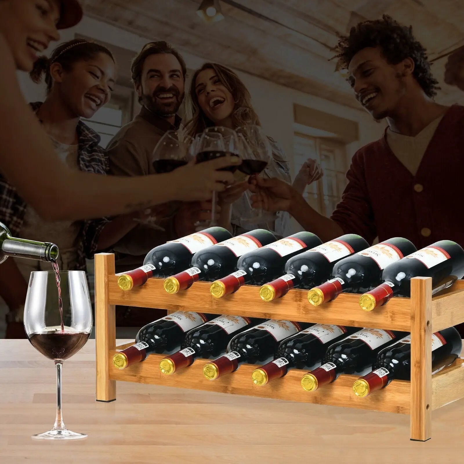 2-Tier 12 Bottles Bamboo Storage Shelf Wine Rack by DirectDeals