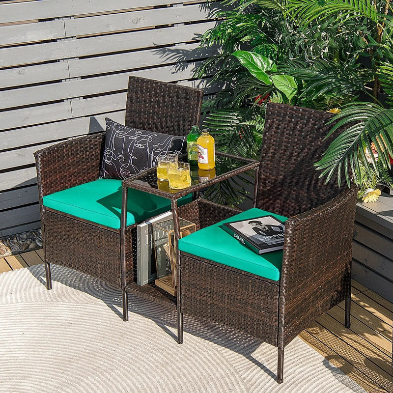 Patio Rattan Wicker Conversation Set Sofa Cushioned Loveseat Glass Table by DirectDeals