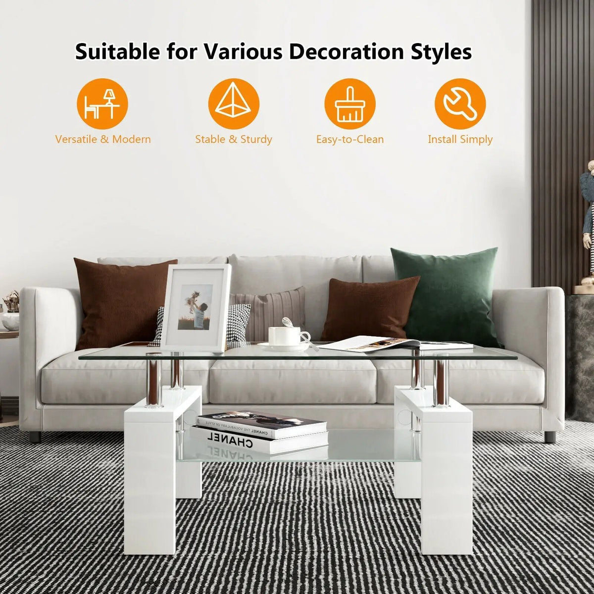 Rectangular Tempered Glass Coffee Table with Shelf, photo 5 of 32