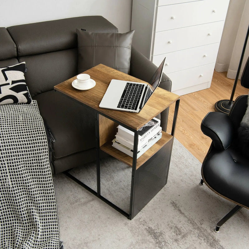 2-Tier C-Shaped Reversible End Table with Wooden Shelf for Living Room-Brown by DirectDeals