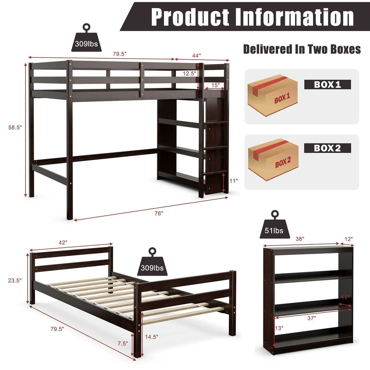 Twin Over Twin Loft Bunk Bed with Bookcase, photo 5 of 10