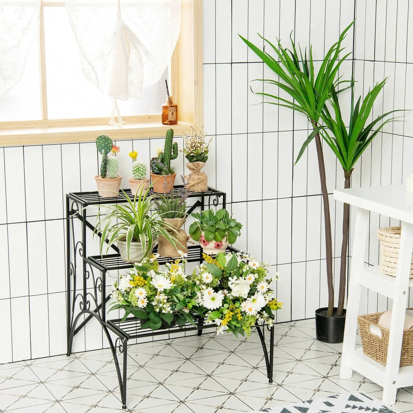 3-Tier Metal Plant Stand with Widened Grid Shelf for Porch Garden-Black by DirectDeals
