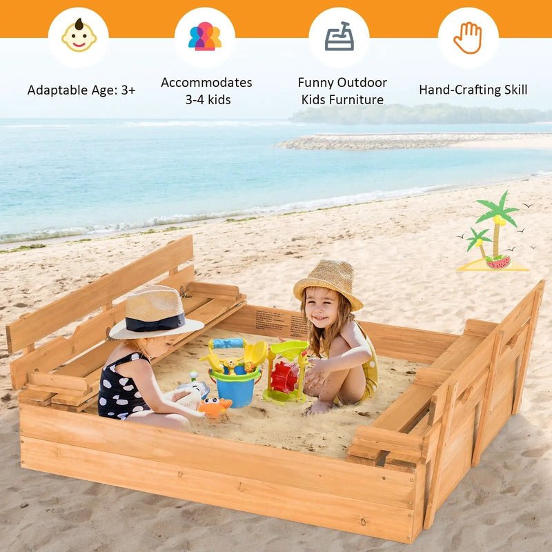 Kids Wooden Sandbox with 2 Foldable Bench Seats by DirectDeals