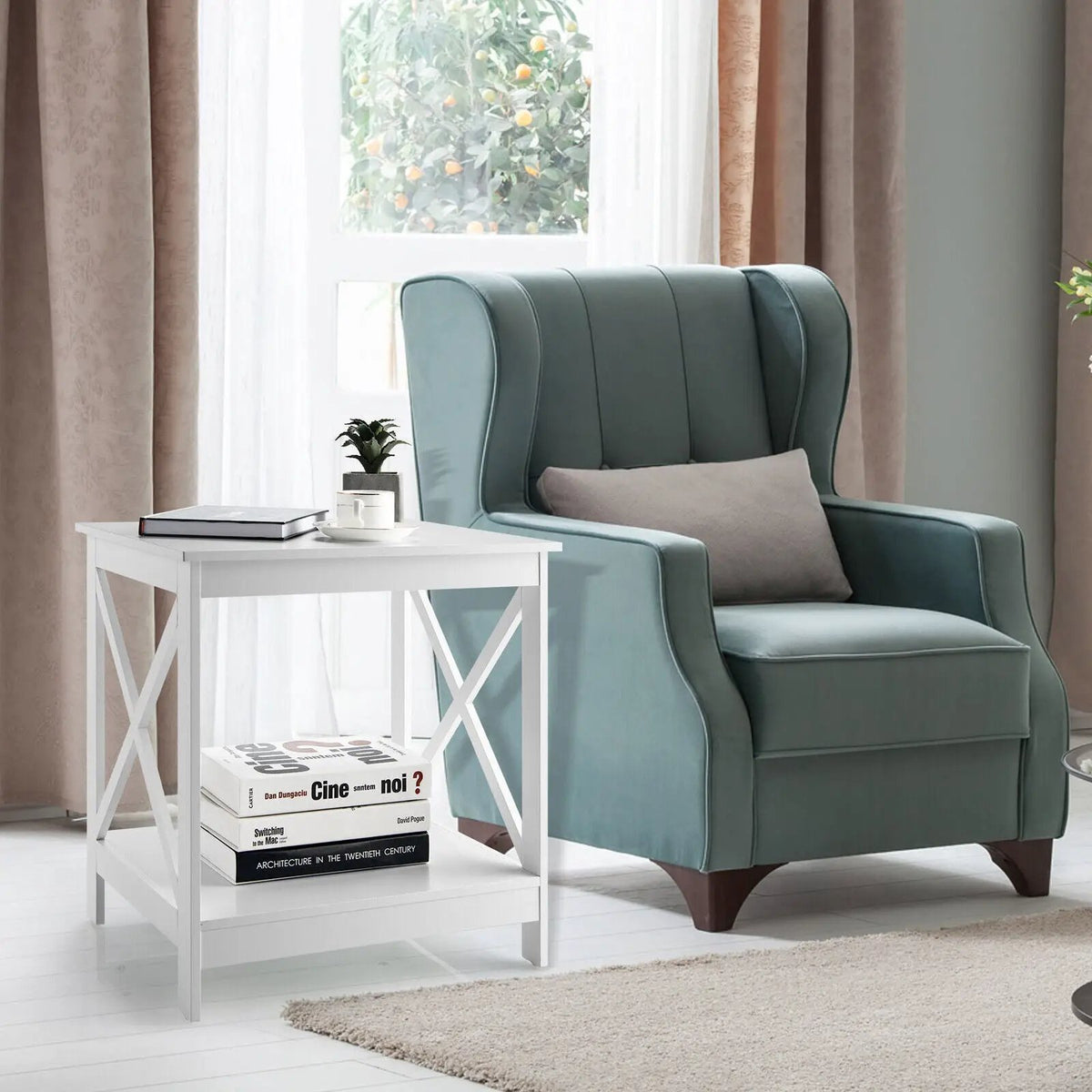 2-Tier Side Table with X-shape Design and 4 Solid Legs