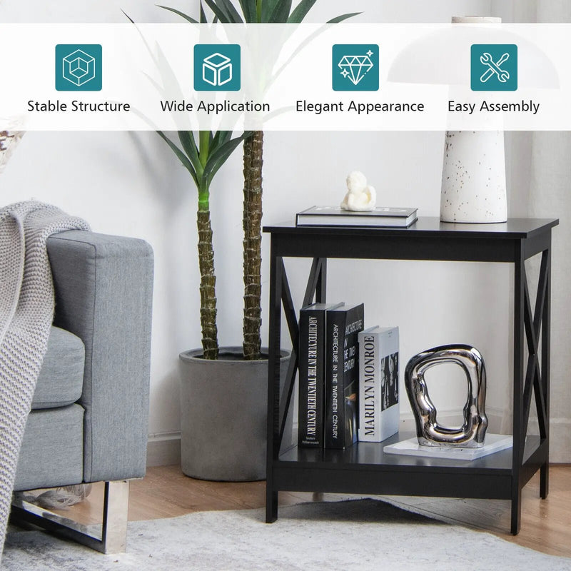 2-Tier Side Table with X-shape Design and 4 Solid Legs by DirectDeals
