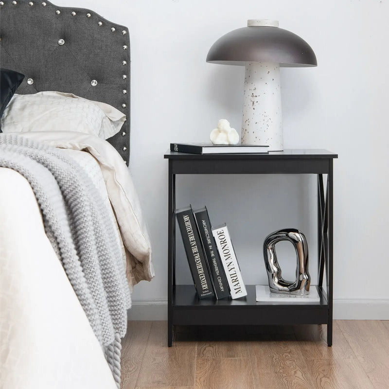 2-Tier Side Table with X-shape Design and 4 Solid Legs by DirectDeals