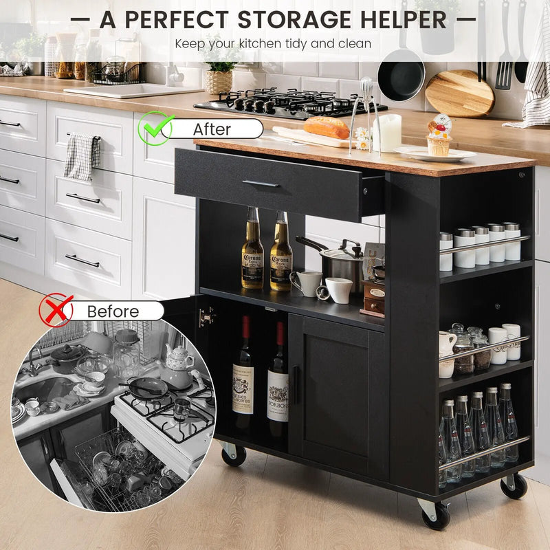 Rolling Kitchen Trolley with 3 Spice Racks Drawer and Open Shelf by DirectDeals