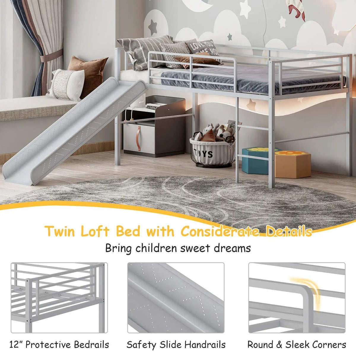 Twin Metal Loft Bed with Slide Safety Guardrails and Built-in Ladder, photo 5 of 10
