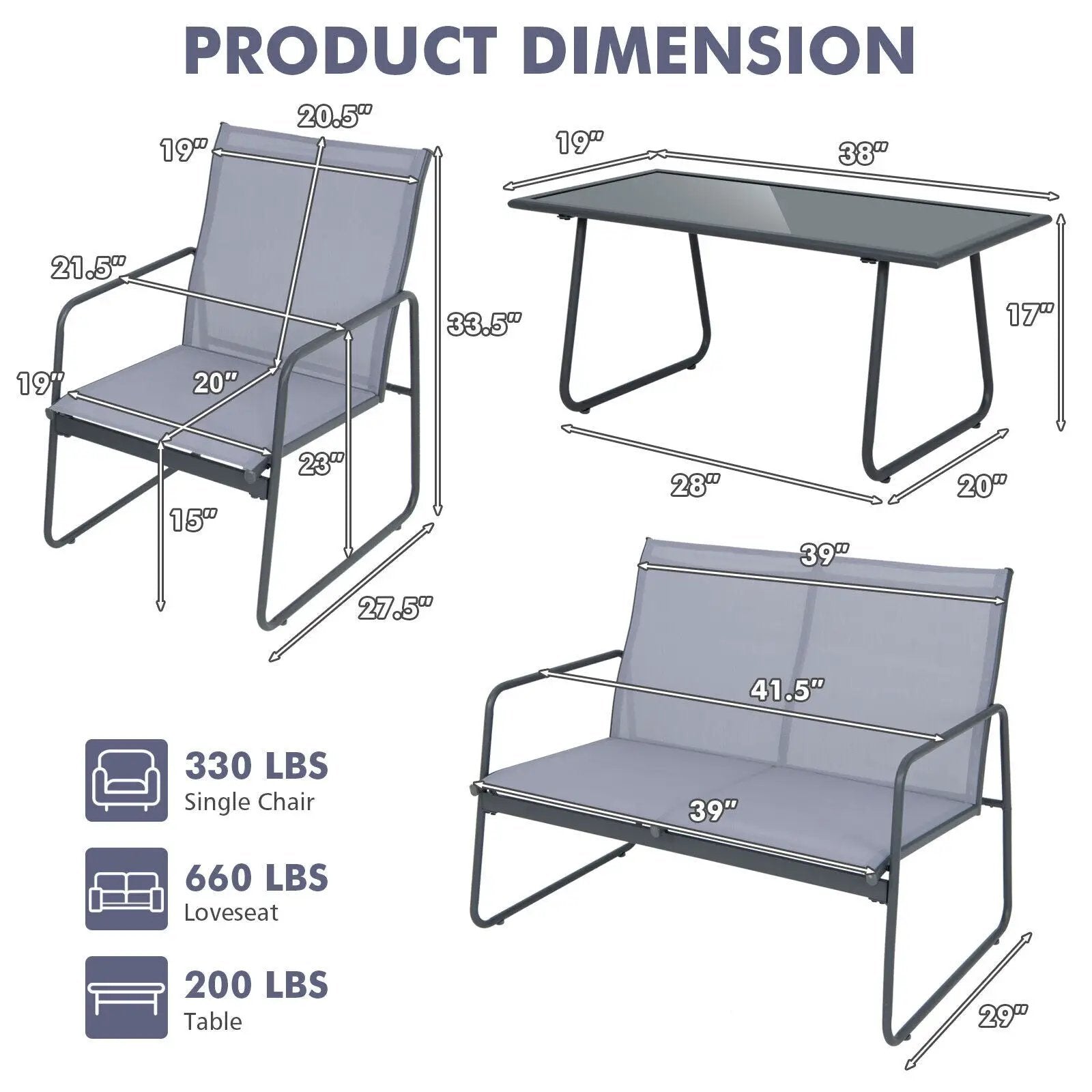 4 Pieces of Metal Patio Furniture Chat Set with Tempered Glass Coffee Table by DirectDeals
