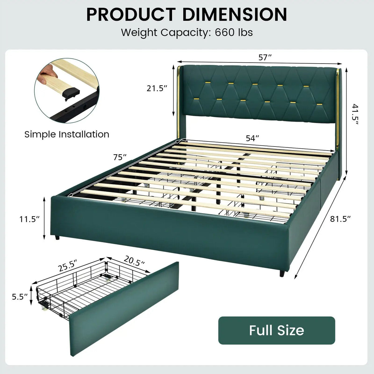 Full/Queen Size Upholstered Bed Frame with 4 Drawers-Green, photo 4 of 9