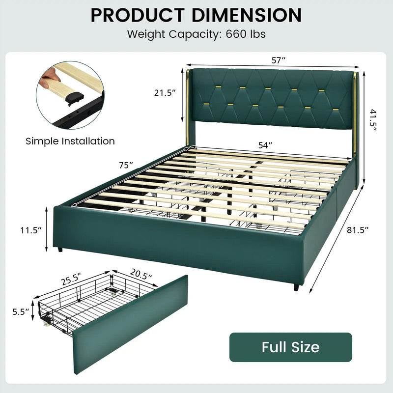 Full/Queen Size Upholstered Bed Frame with 4 Drawers-Green by DirectDeals