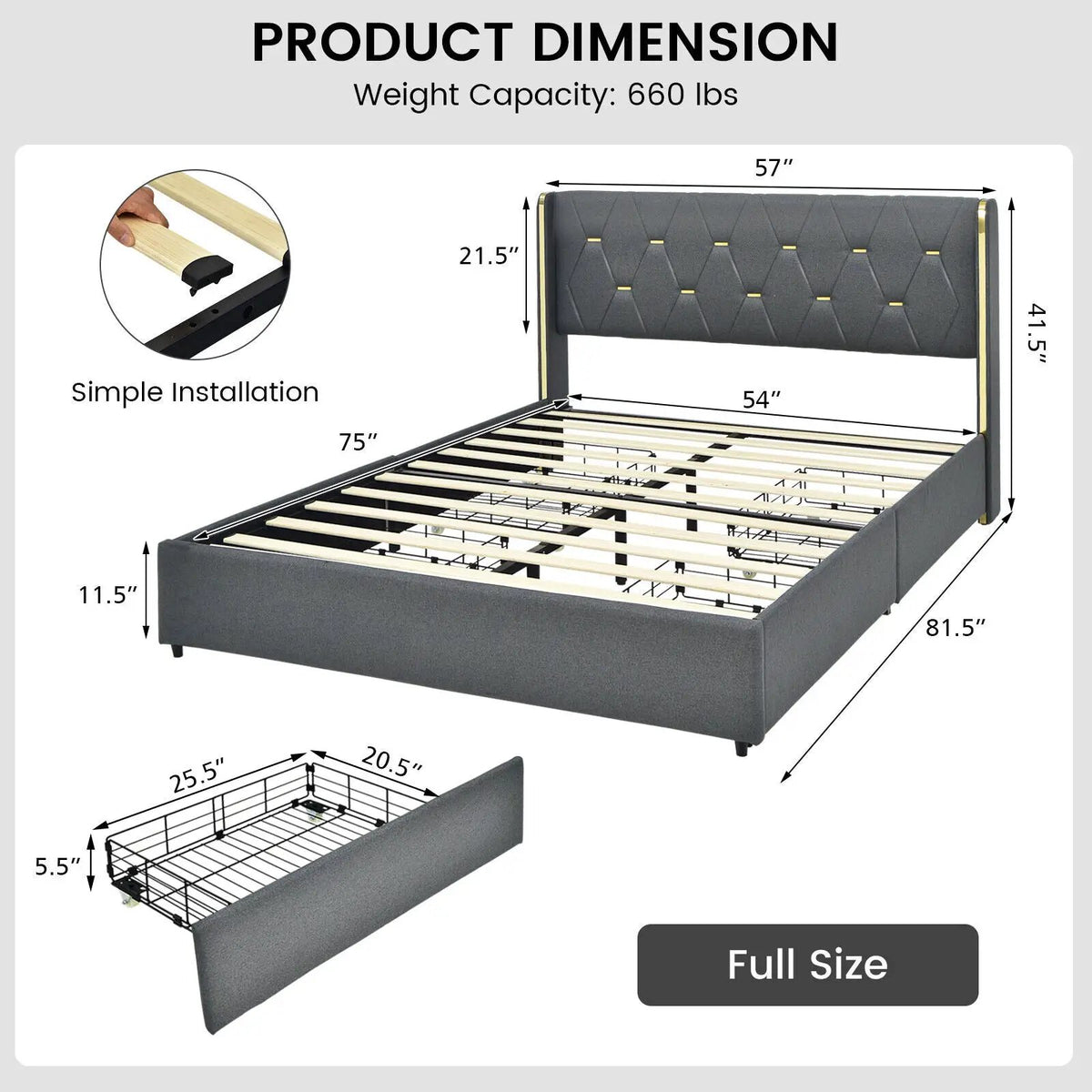Full/Queen Size Upholstered Bed Frame with 4 Storage Drawers, photo 5 of 9