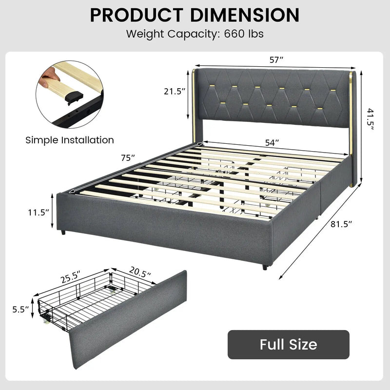 Full/Queen Size Upholstered Bed Frame with 4 Storage Drawers by DirectDeals