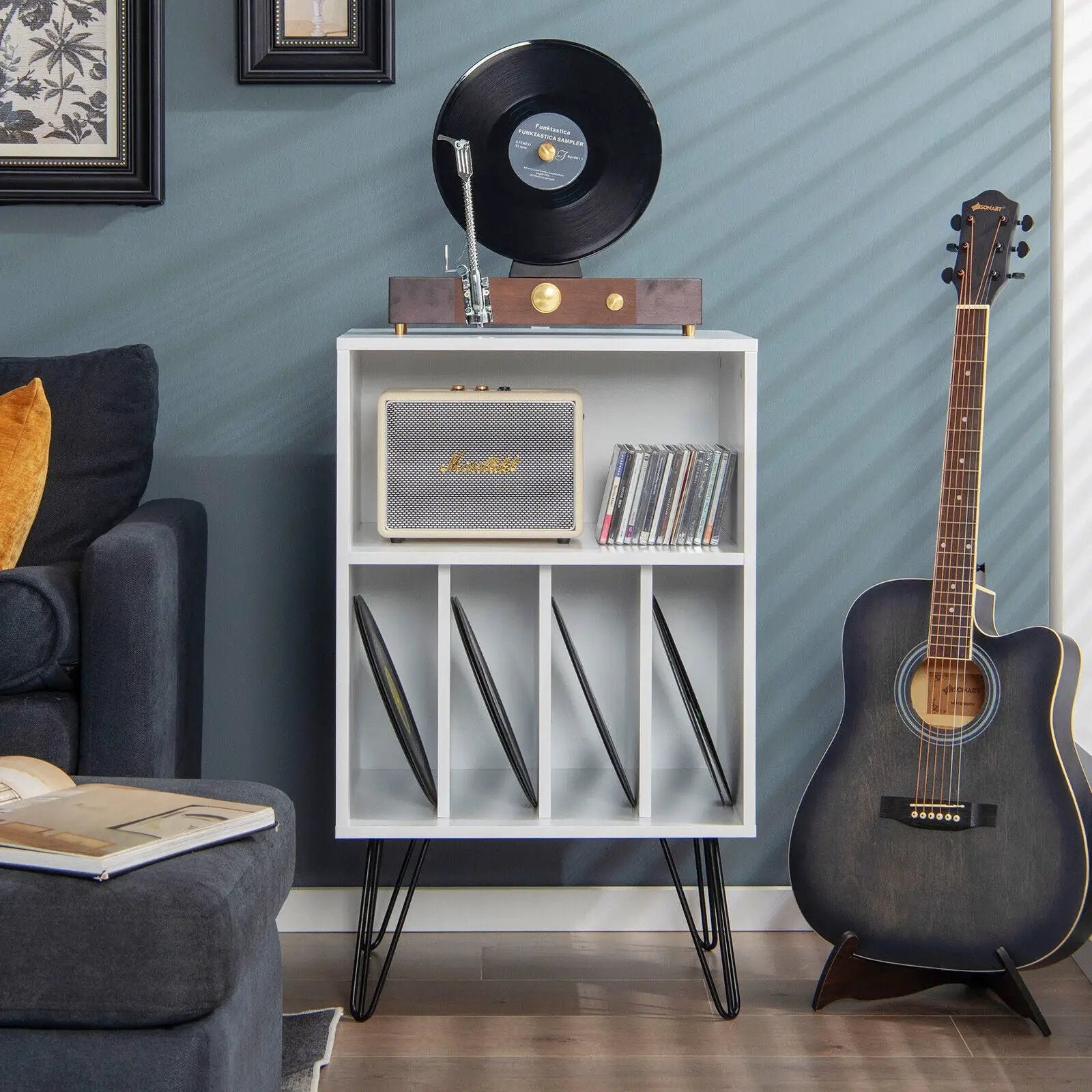 Freestanding Record Player Stand Record Storage Cabinet with Metal Legs-White by DirectDeals