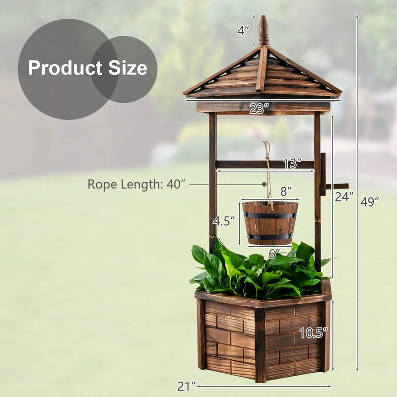 Rustic Wooden Wishing Well with Adjustable Hanging Bucket-Brown by DirectDeals