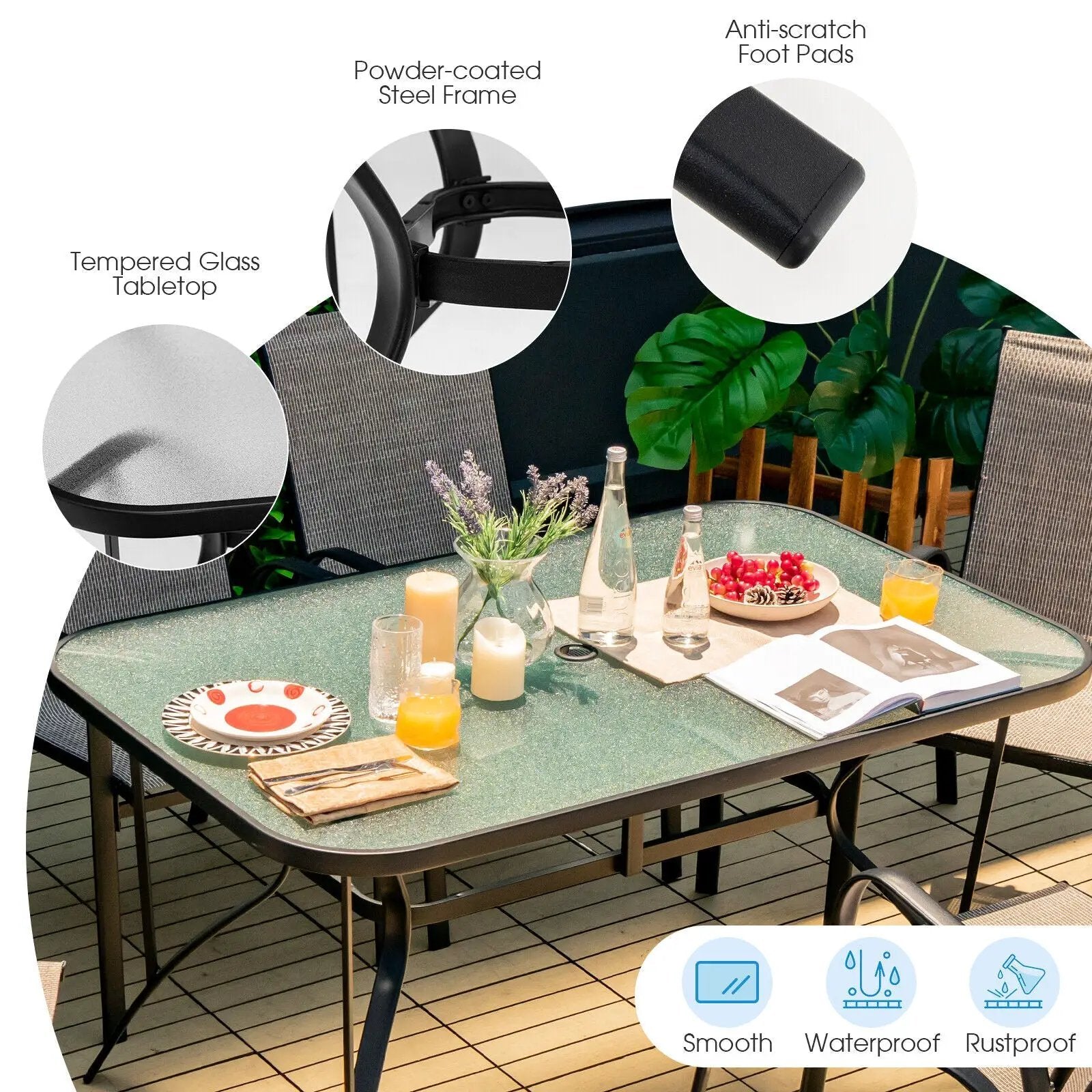 55 x 35 Inch Patio Dining Rectangle Tempered Glass Table with Umbrella Hole by DirectDeals
