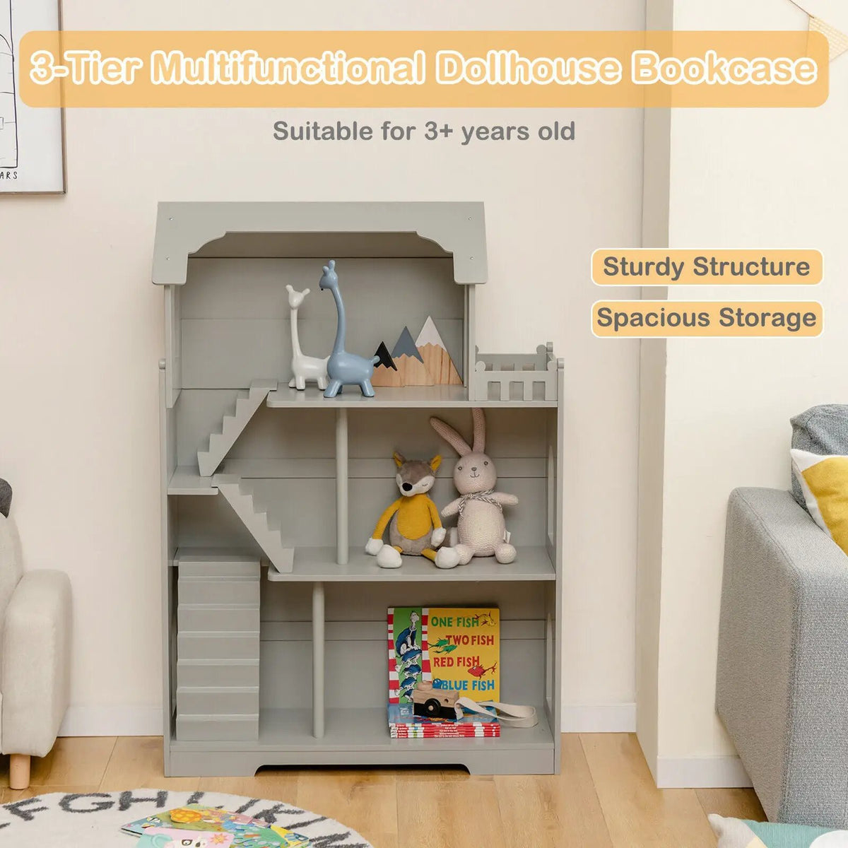 Kids Wooden Dollhouse Bookshelf with Anti-Tip Design and Storage Space, photo 13 of 16