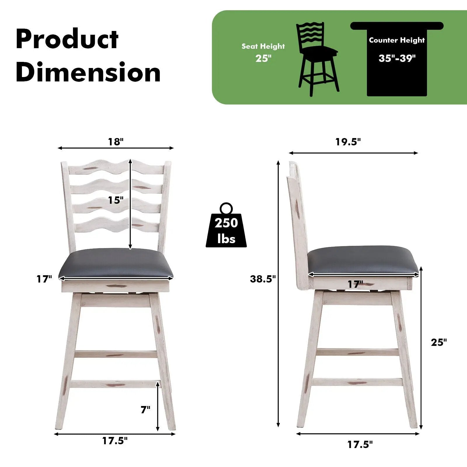 360° Swivel Bar Stools with Rubber Wood Frame and Ergonomic Backrest and Footrest by DirectDeals