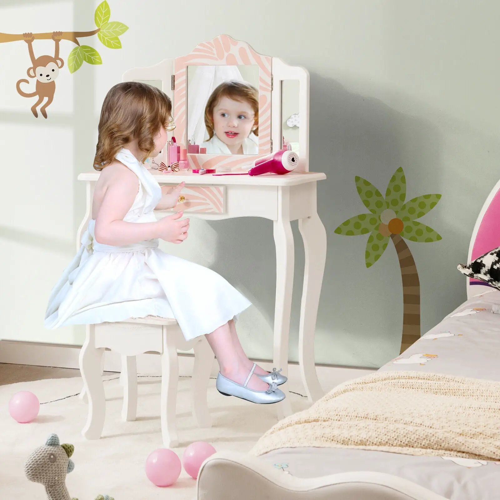 2-in-1 Kids Vanity Table Set with Tri-folding Mirror-Pink by DirectDeals