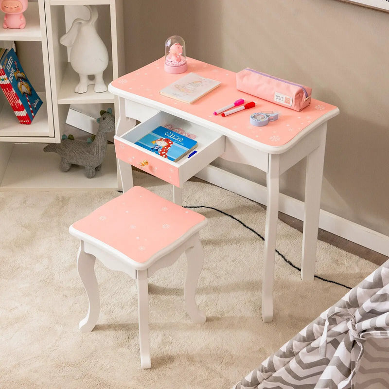 Princess Vanity Table and Chair Set with Tri-Folding Mirror and Snowflake Print-Pink by DirectDeals