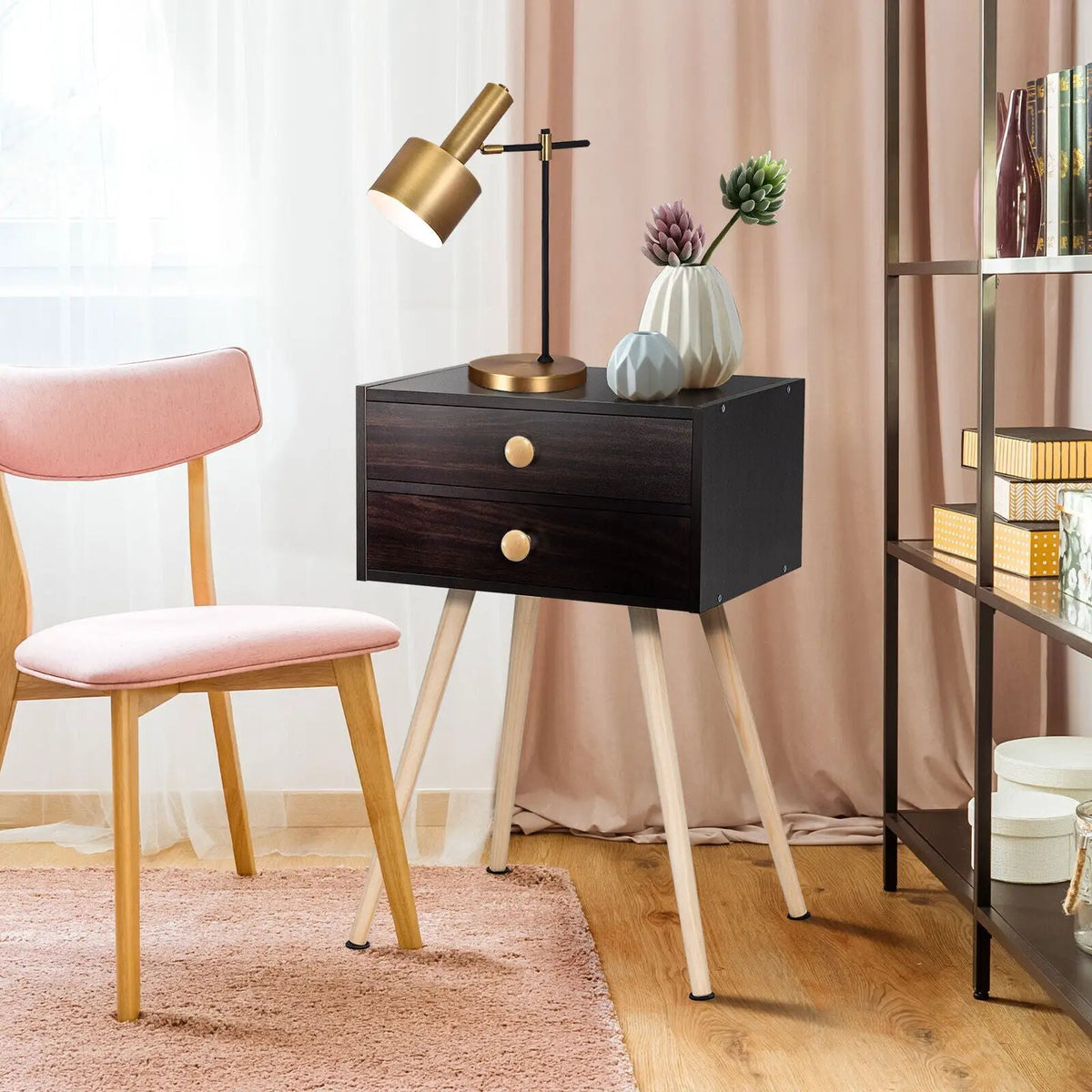Modern Nightstand Bedside Table Mid Century with 2 Drawers-Natural, photo 2 of 10