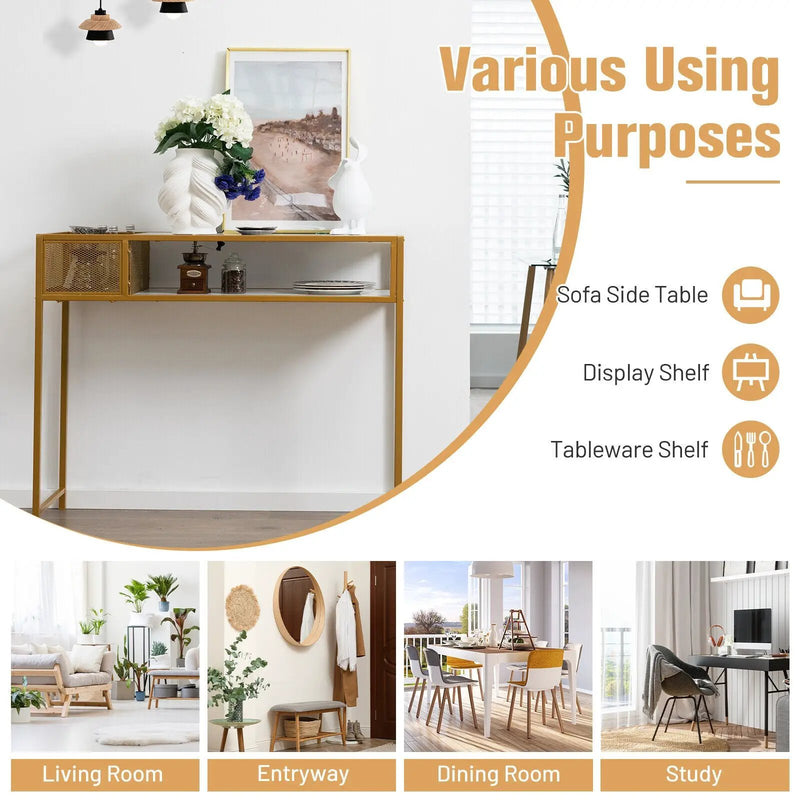Faux Marble Console Table with Wire Baske for Hallway and Living Room-White by DirectDeals