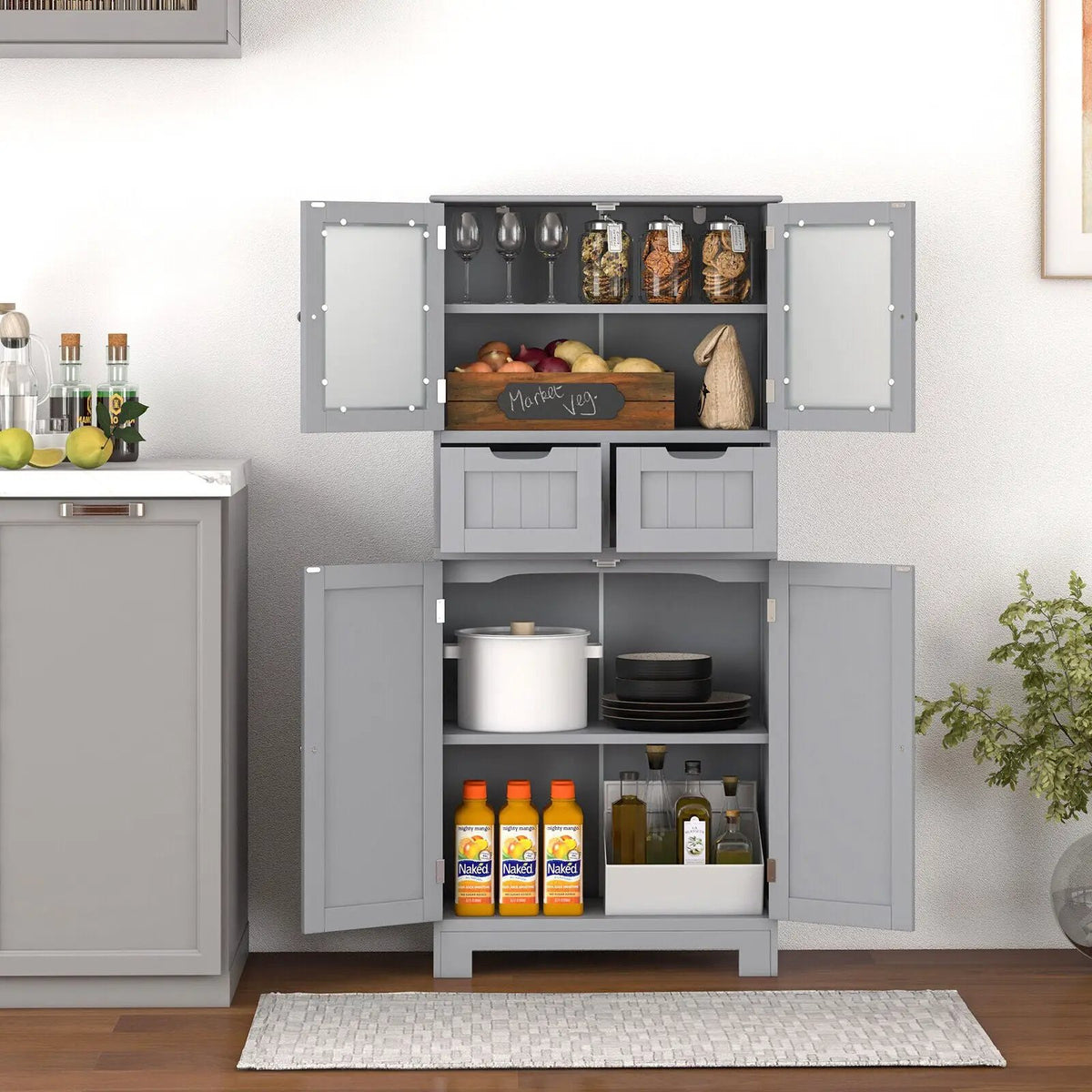 3 Tier Freee-Standing Bathroom Cabinet with 2 Drawers and Glass Doors, photo 2 of 10