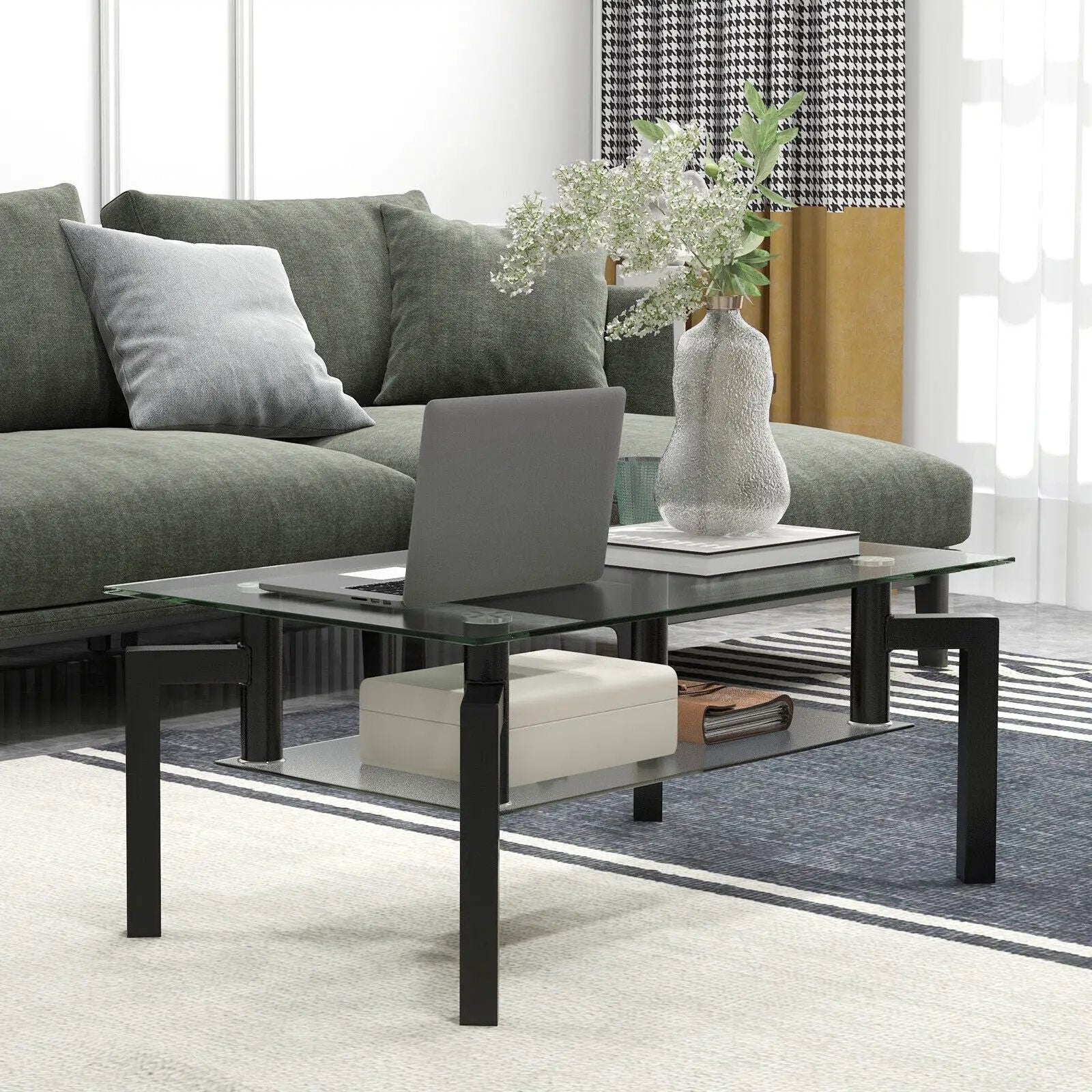 2-Tier Rectangular Glass Coffee Table with Metal Tube Legs-Black by DirectDeals