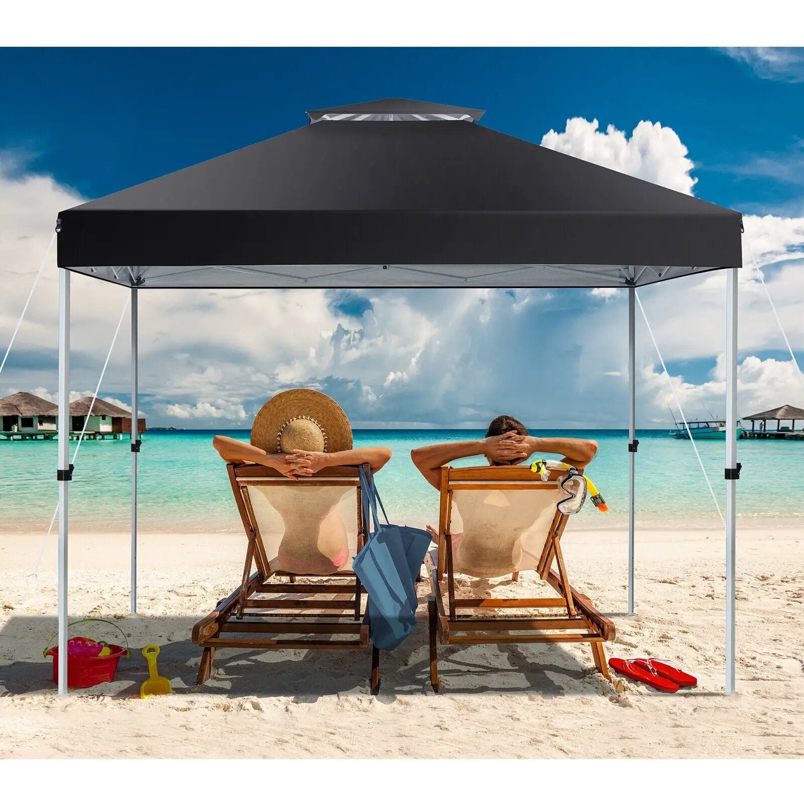 2-Tier 10 x 10 Feet Pop-up Canopy Tent with Wheeled Carry Bag-Black by DirectDeals