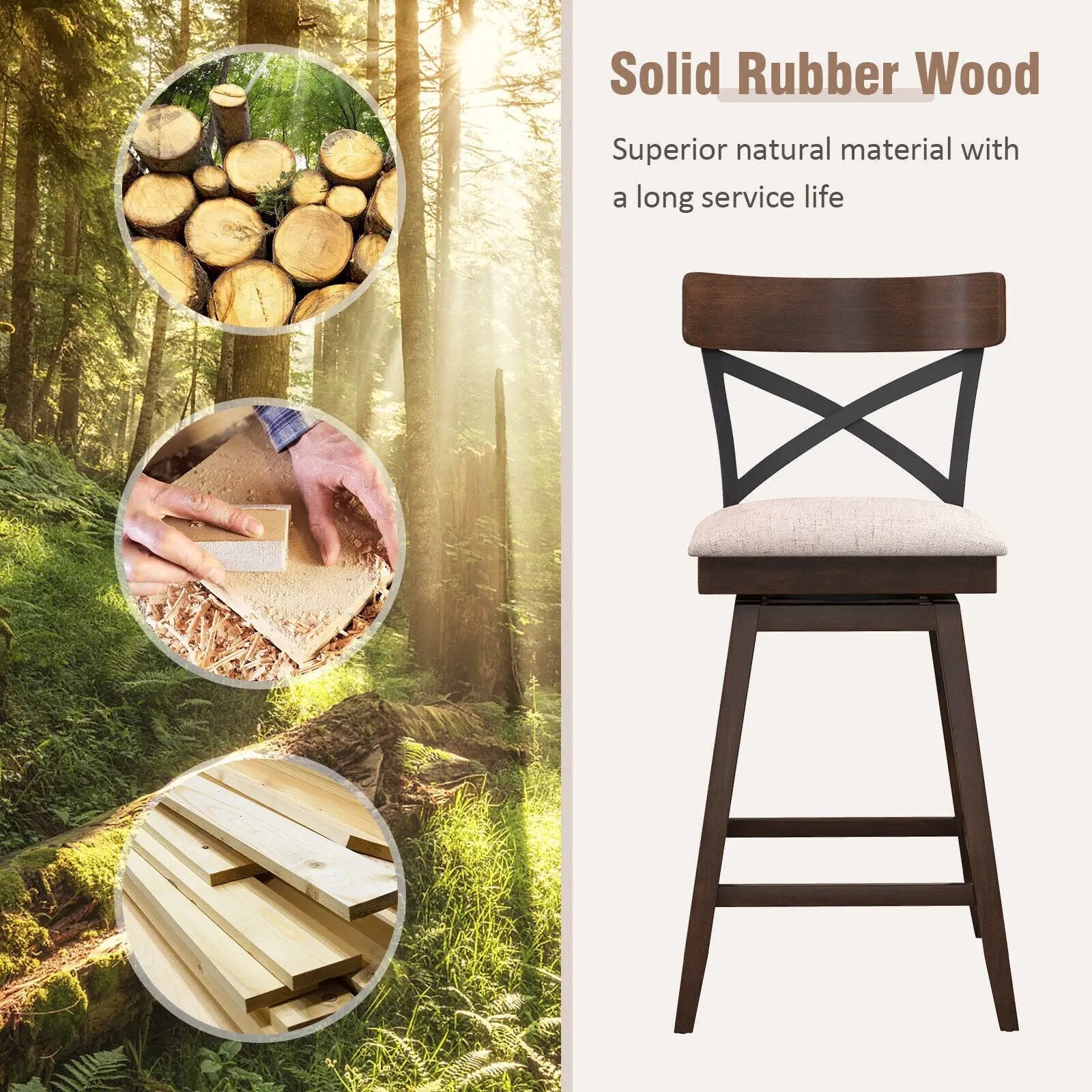 Set of 2 Wooden Swivel Bar Stools with Cushioned Seat and Open X Back by DirectDeals