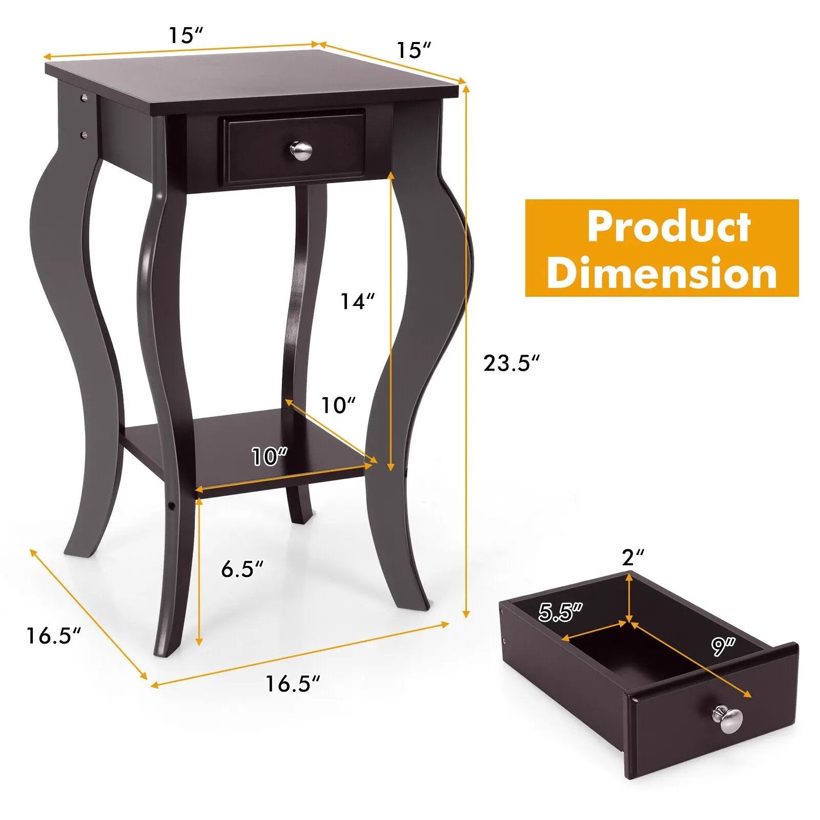 2-Tier End Table with Drawer and Shelf for Living Room Bedroom by DirectDeals