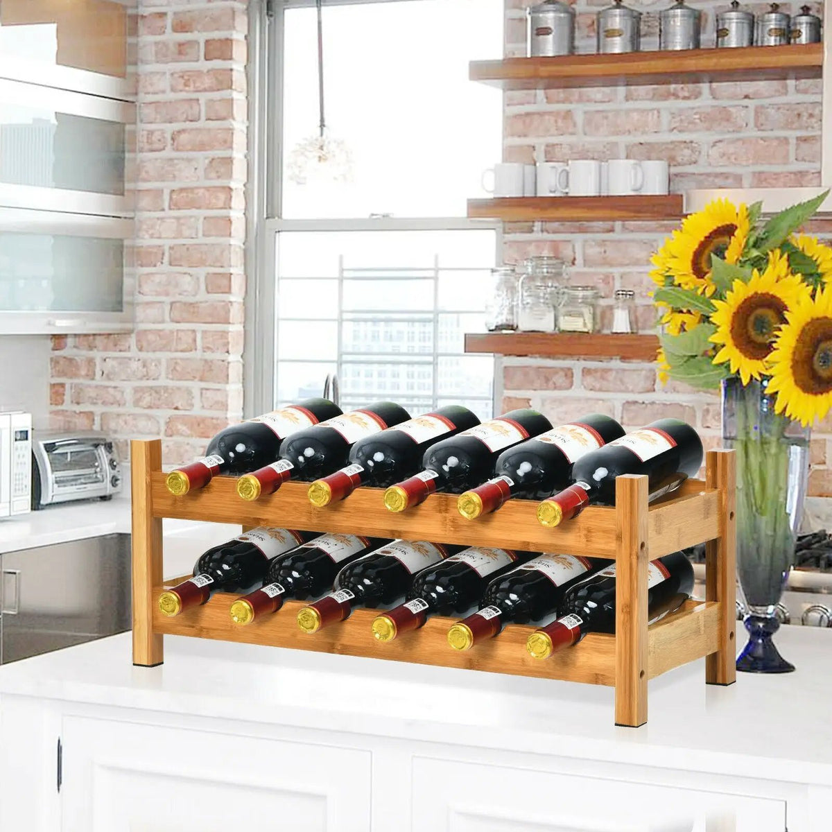 2-Tier 12 Bottles Bamboo Storage Shelf Wine Rack, photo 2 of 16