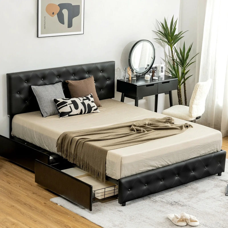 Full/Queen PU Leather Upholstered Platform Bed with 4 Drawers by DirectDeals