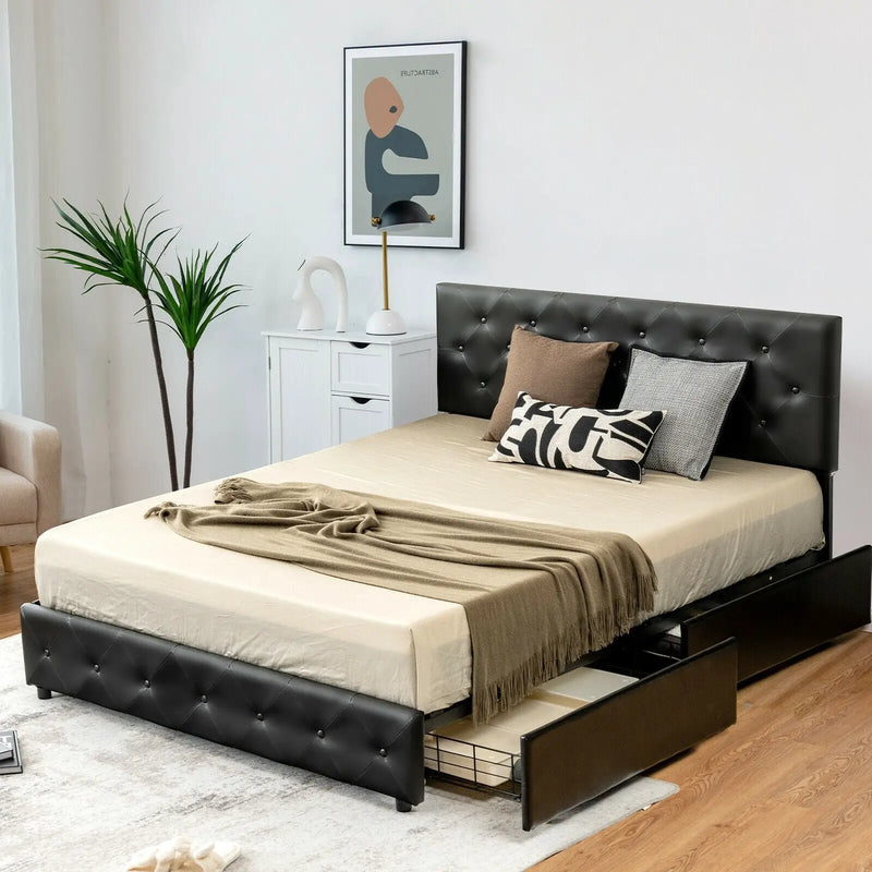 Full/Queen PU Leather Upholstered Platform Bed with 4 Drawers by DirectDeals