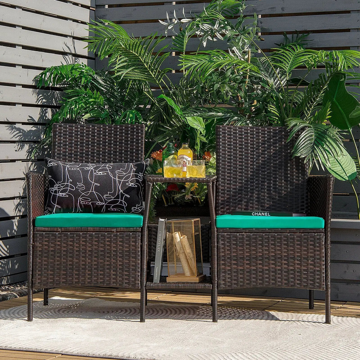 Patio Rattan Wicker Conversation Set Sofa Cushioned Loveseat Glass Table, photo 6 of 11