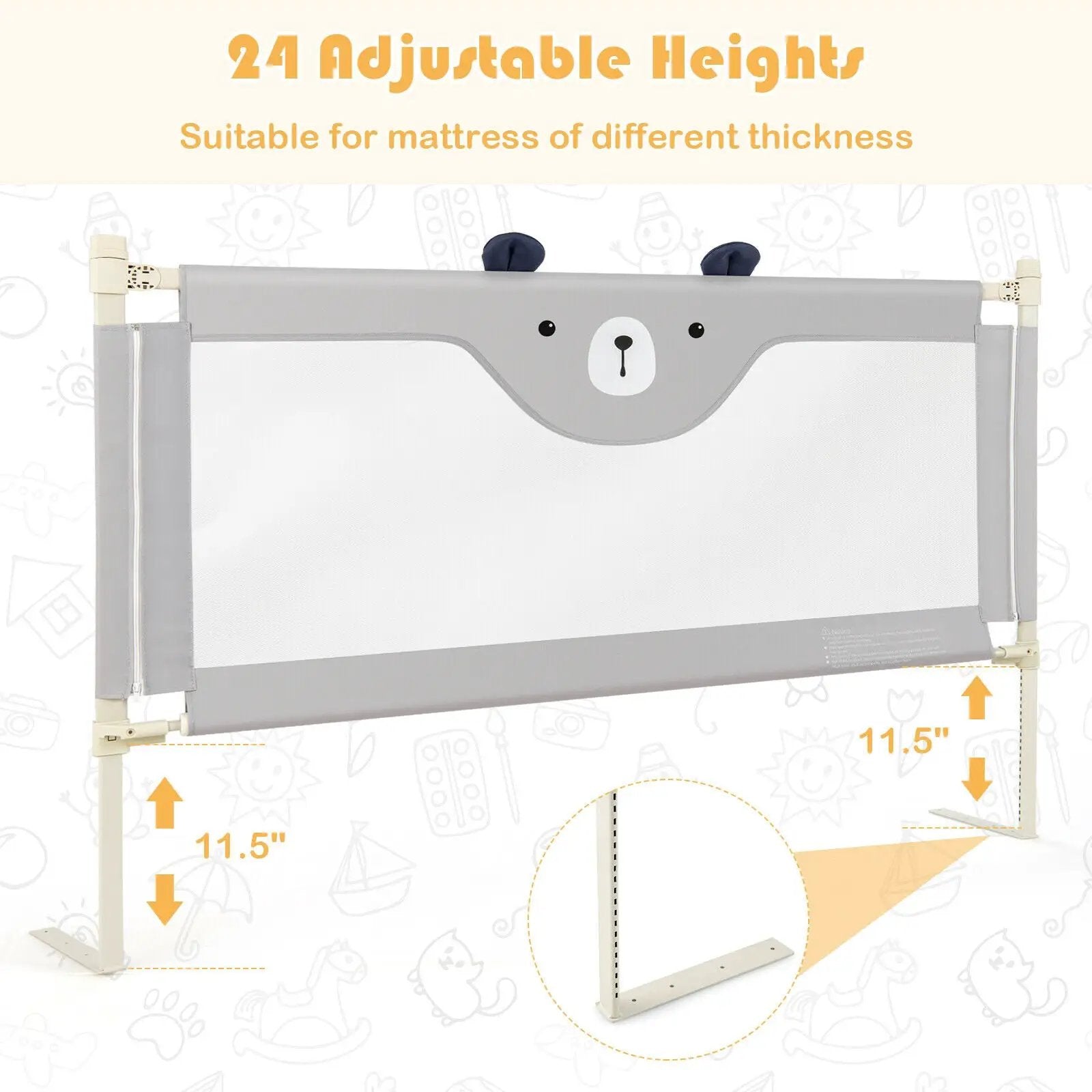 57 Inches Bed Rail for Toddlers with Double Lock-Gray by DirectDeals