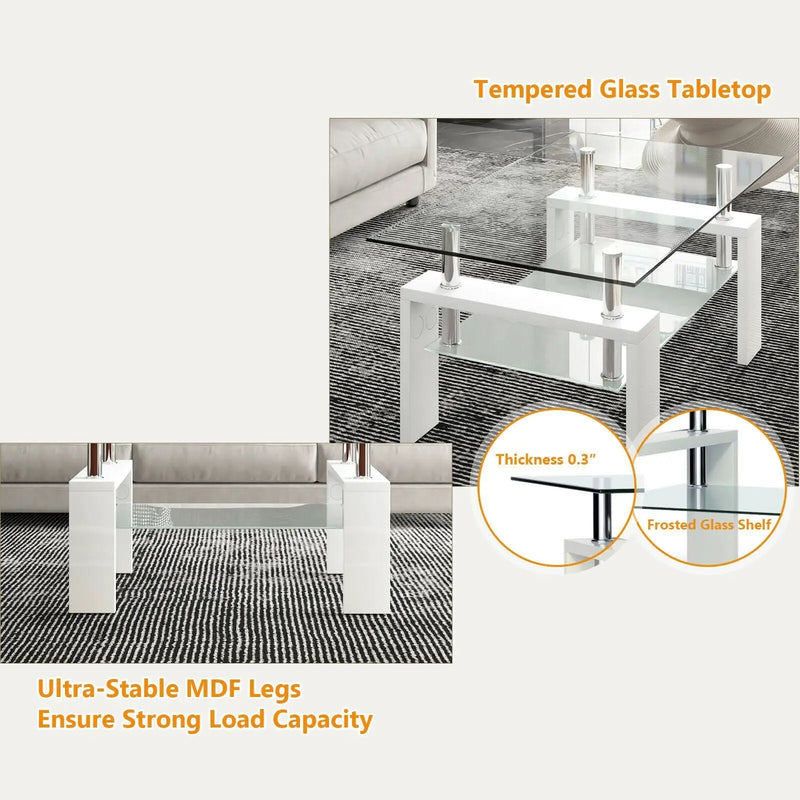 Rectangular Tempered Glass Coffee Table with Shelf by DirectDeals