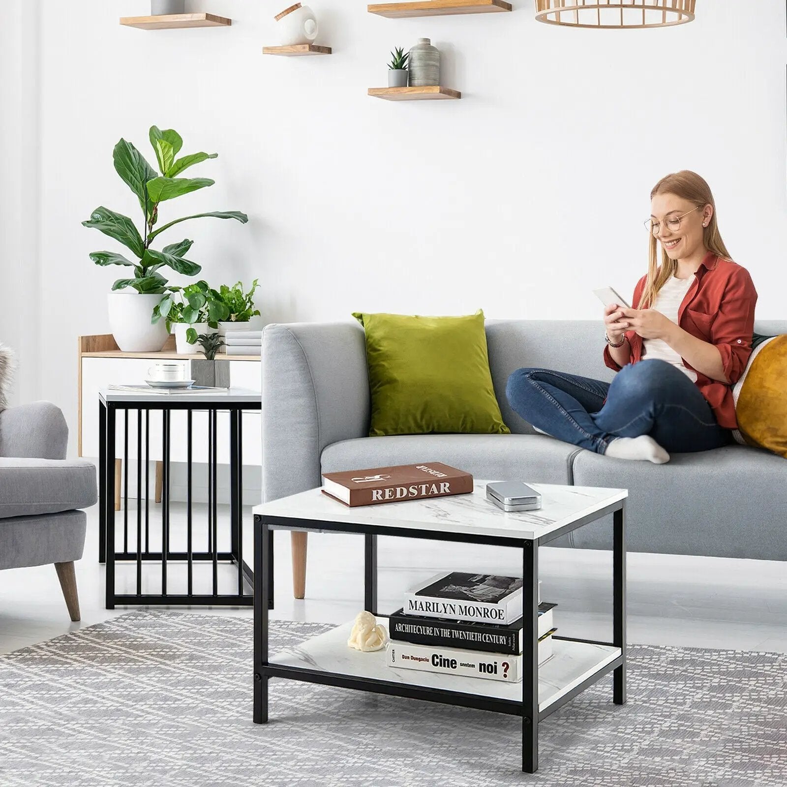 Set of 2 Nesting End Tables with Storage Shelf-White by DirectDeals