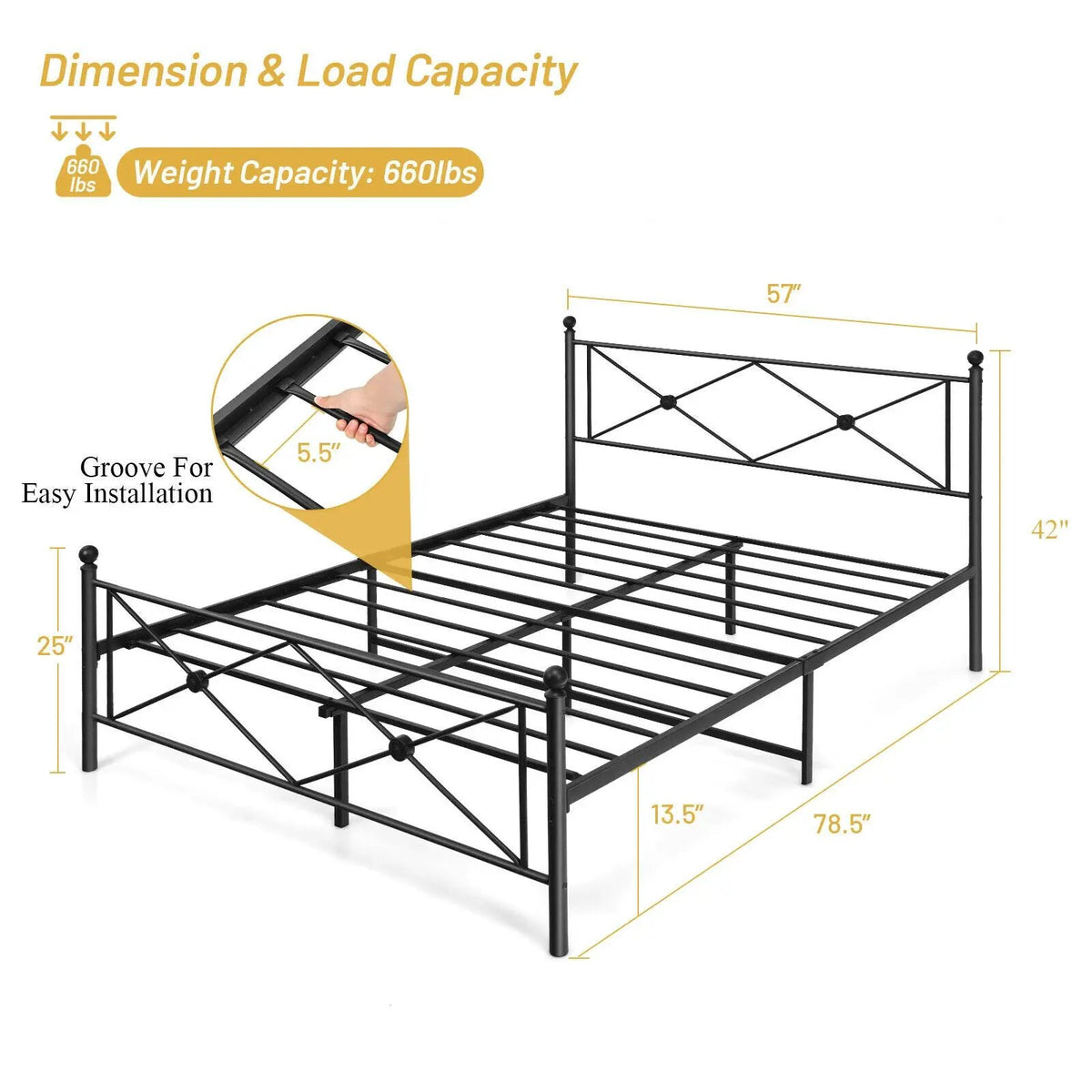 Full/Queen Size Metal Bed Frame Platform with Headboard, photo 8 of 16