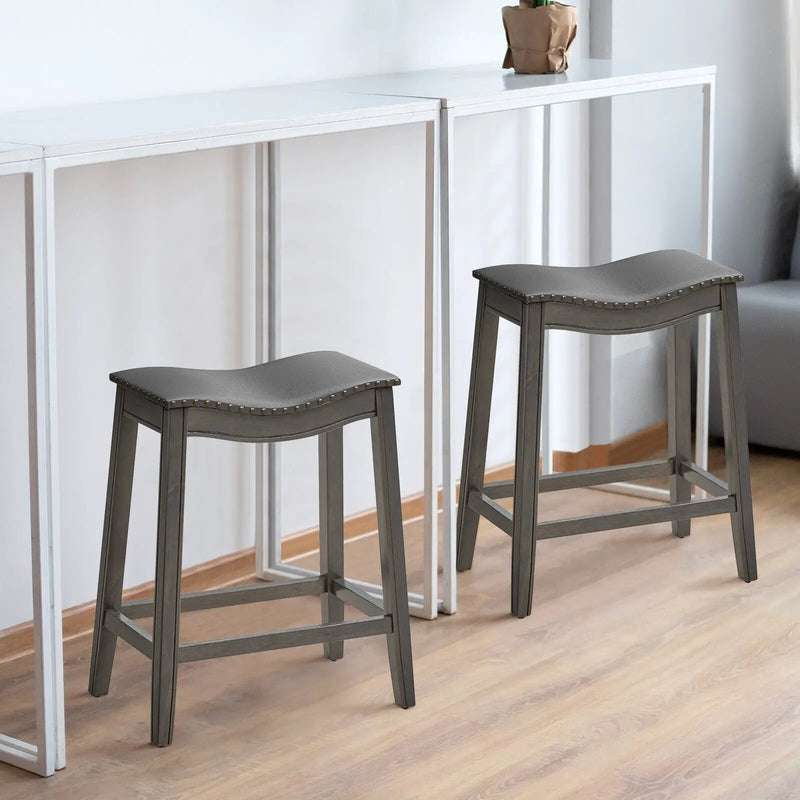 Set of 2 PU Leather Saddle Bar Stools with Rubber Wood Legs by DirectDeals