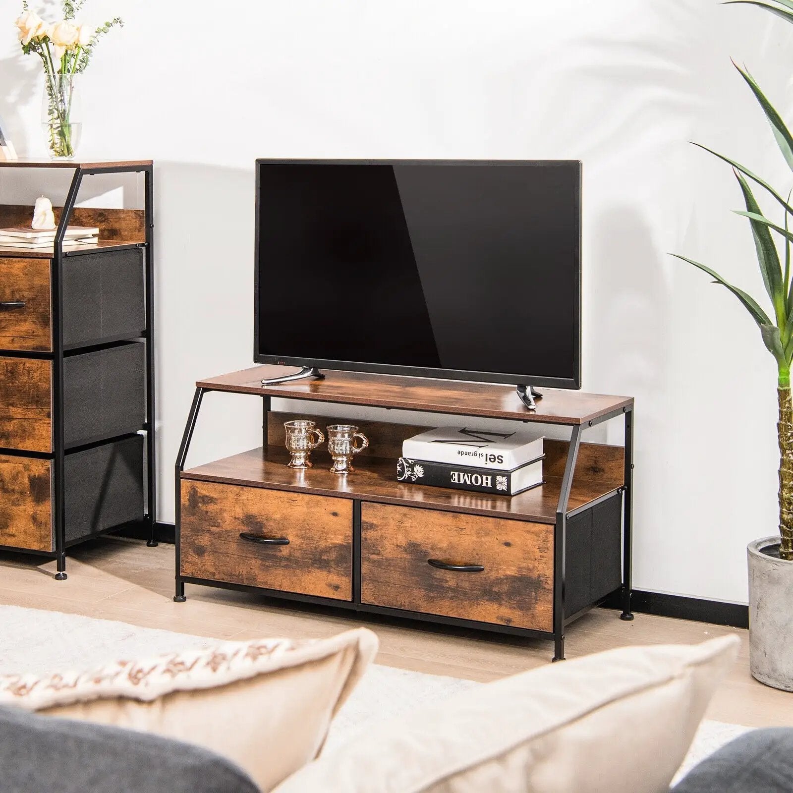 Dresser TV Stand with 2 Folding Fabric Drawers and Open Shelves-Rustic Brown by DirectDeals