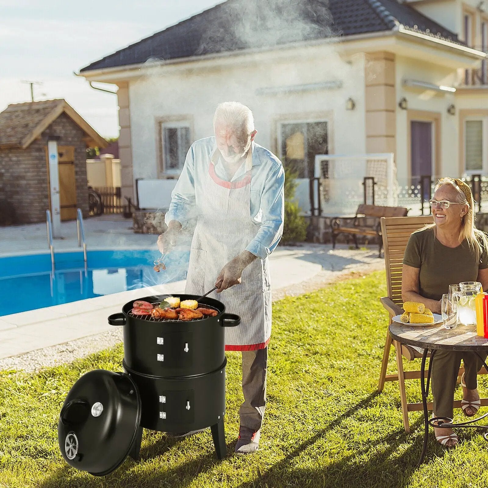 3-in-1 Charcoal BBQ Grill Cambo with Built-in Thermometer by DirectDeals