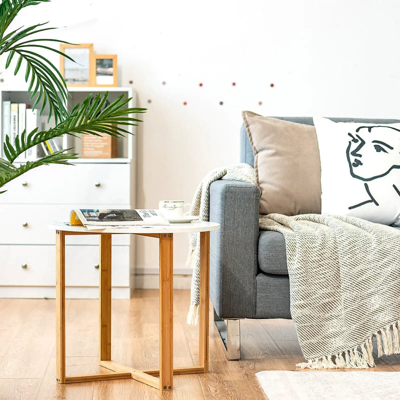 Multifunctional Round Side End Table with Bamboo Legs and X-Shaped Base by DirectDeals