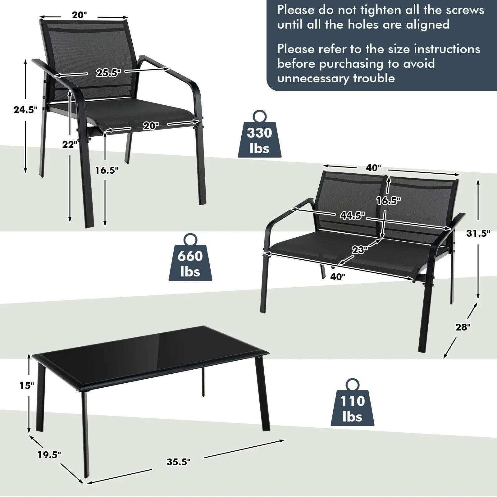 4 Pieces Patio Furniture Set with Armrest Loveseat Sofas and Glass Table Deck by DirectDeals