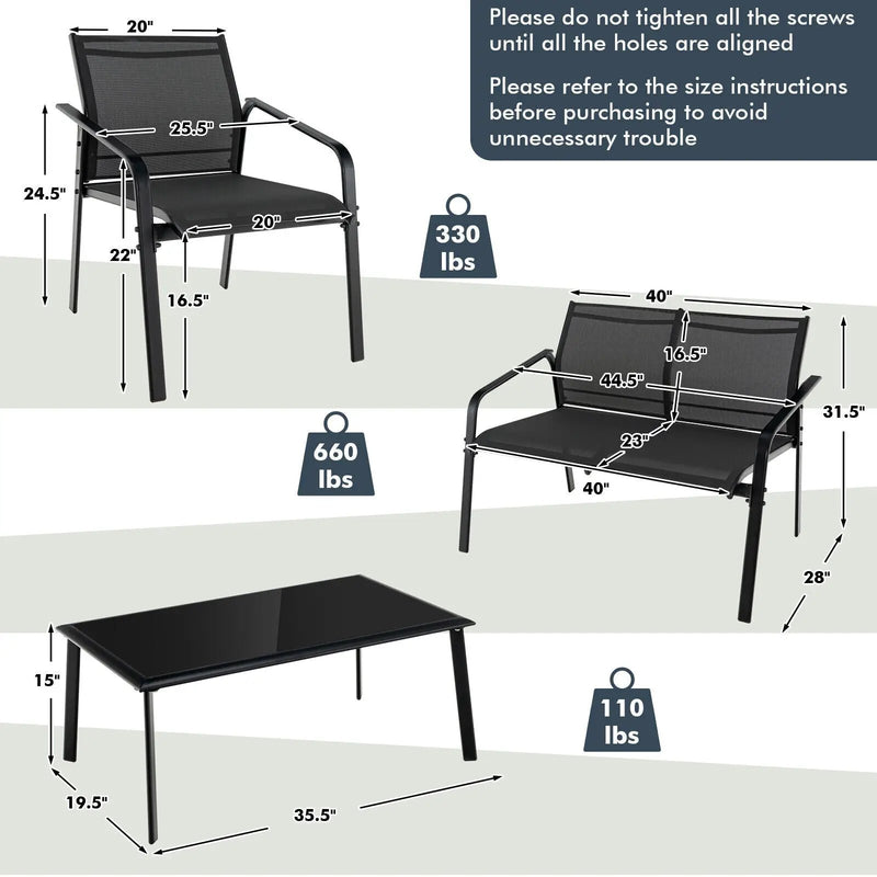 4 Pieces Patio Furniture Set with Armrest Loveseat Sofas and Glass Table Deck by DirectDeals