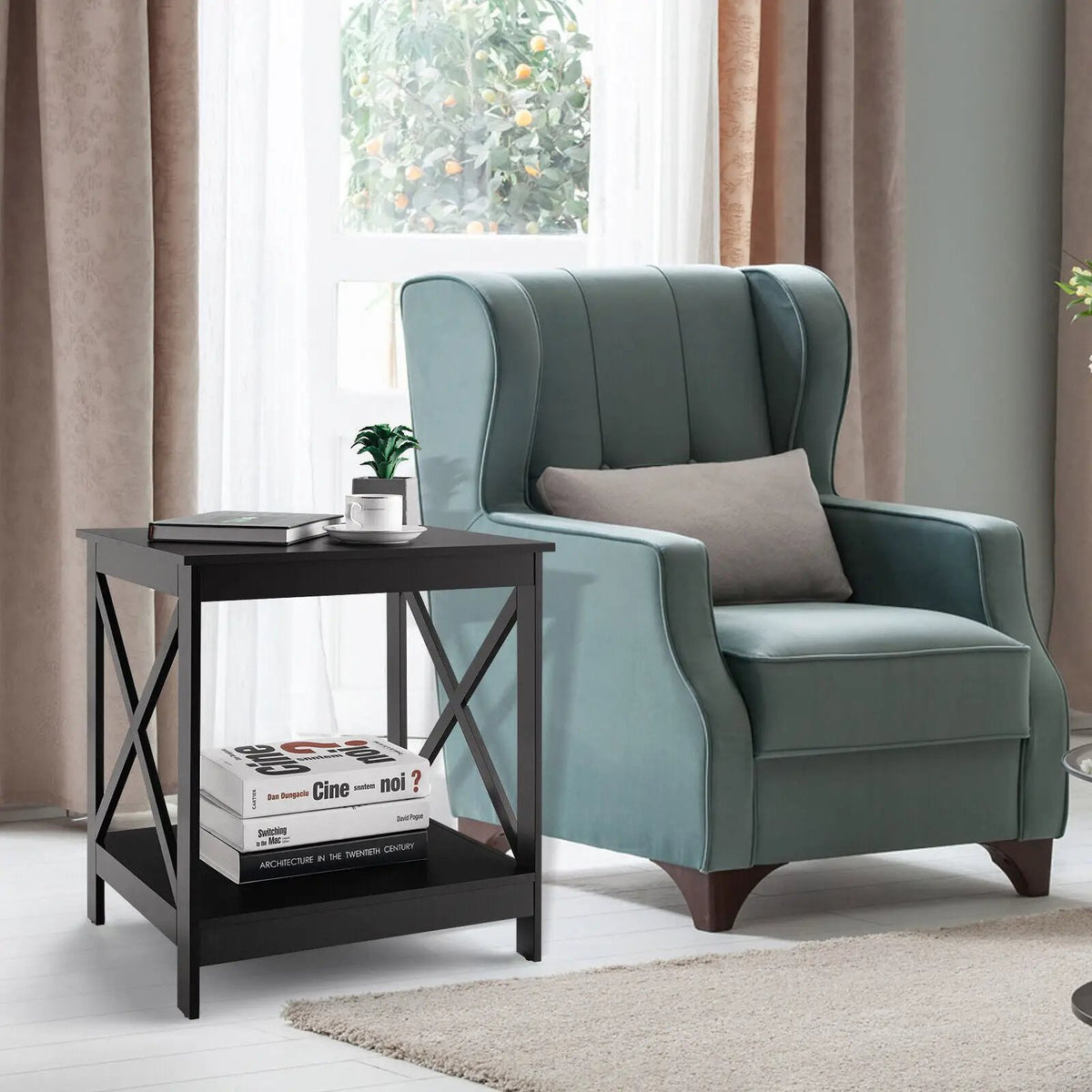 2-Tier Side Table with X-shape Design and 4 Solid Legs, photo 2 of 21