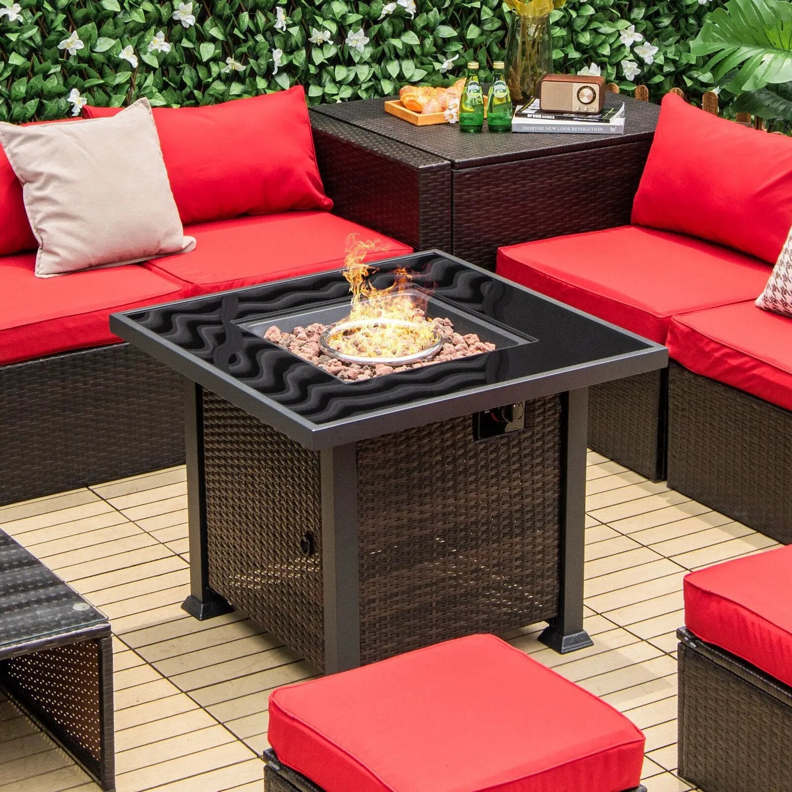 32 Inch Square Propane Fire Pit Table with Lava Rocks Cover by DirectDeals