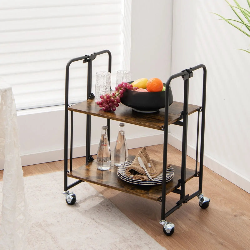Folding Rolling Cart with Metal Frame-2-Tier by DirectDeals