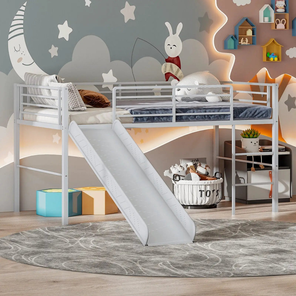 Twin Metal Loft Bed with Slide Safety Guardrails and Built-in Ladder, photo 2 of 10