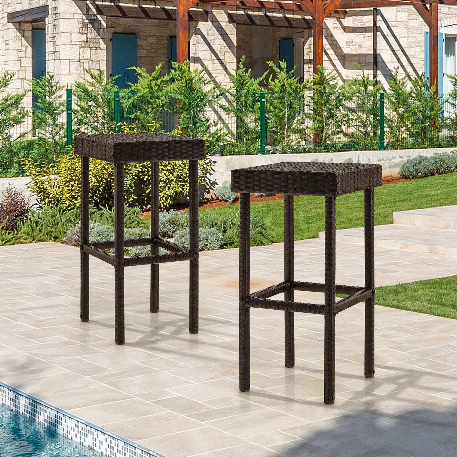 2 Pieces Patio Rattan Wicker Bar Stool Chairs-Brown by DirectDeals
